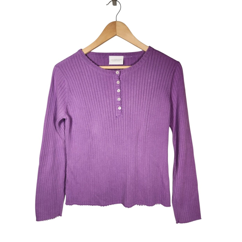 Vintage 90s Liz Claiborne Purple Ribbed Henley Sweater Lettuce Edge Y2K Retro M